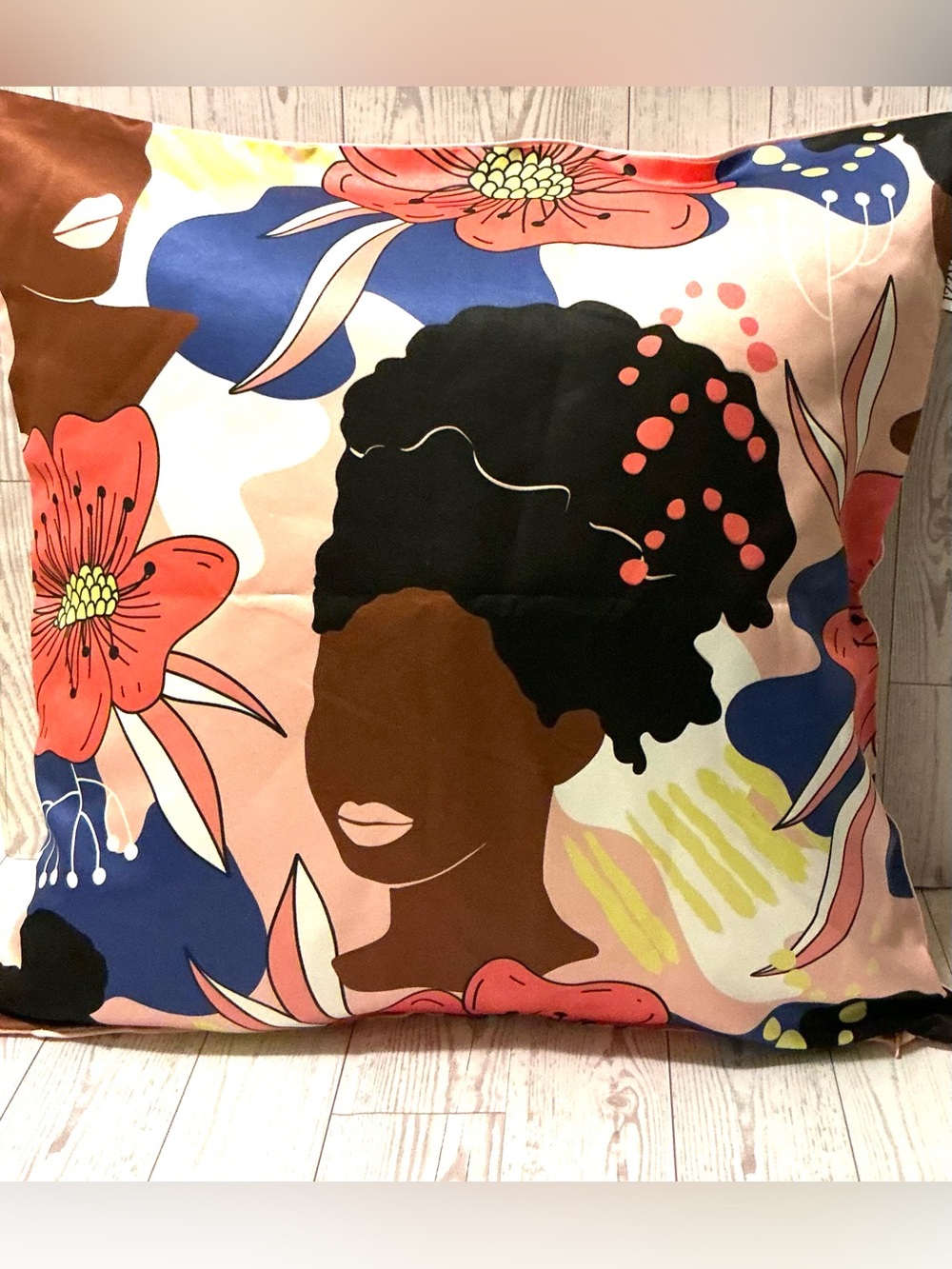 Two Floral Satin Afrocentric Pillow Covers in Peach, Black, Blue